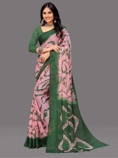 Women's Georgette Striped Printed Saree With Unstitched Blouse 5.5 Mtr (Pink-Green)