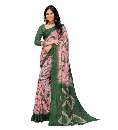 Women's Georgette Striped Printed Saree With Unstitched Blouse 5.5 Mtr (Pink-Green)