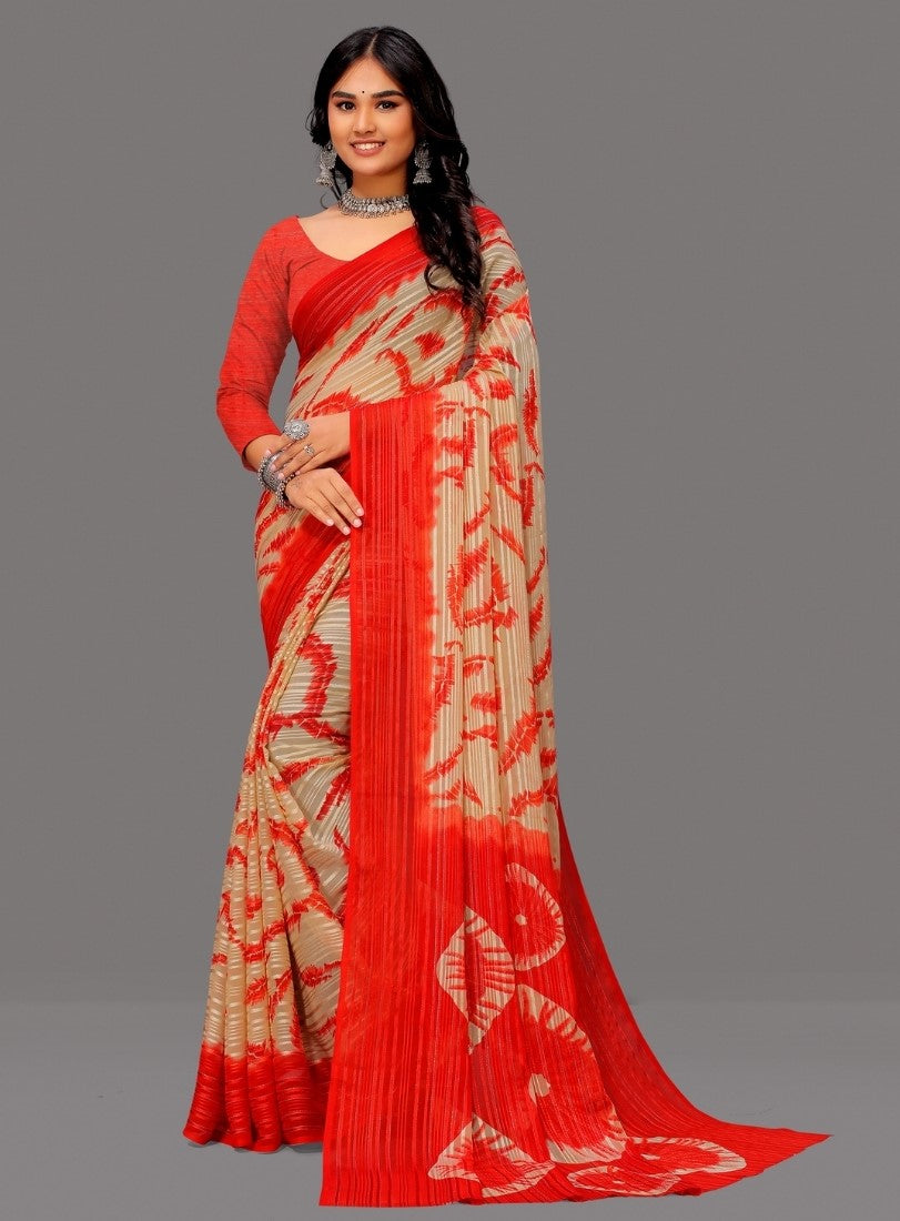 Women's Georgette Striped Printed Saree With Unstitched Blouse 5.5 Mtr (Red-Beige)