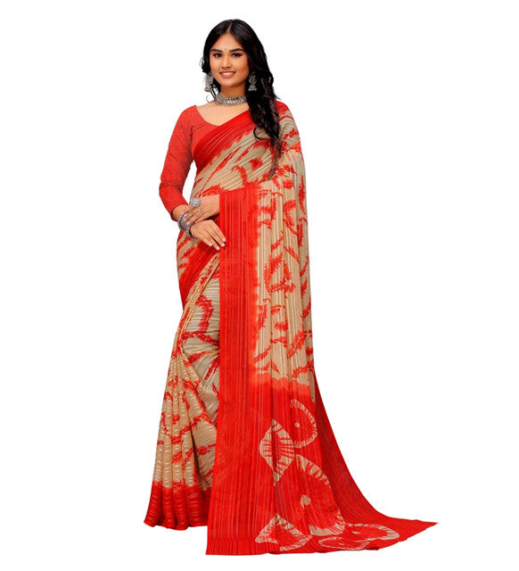 Women's Georgette Striped Printed Saree With Unstitched Blouse 5.5 Mtr (Red-Beige)