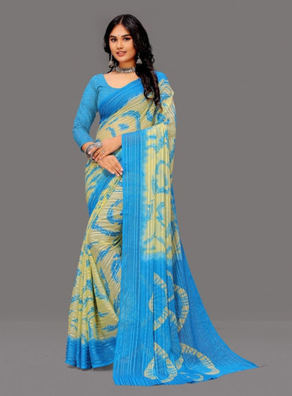 Women's Georgette Striped Printed Saree With Unstitched Blouse 5.5 Mtr (Blue-Pale Yellow)