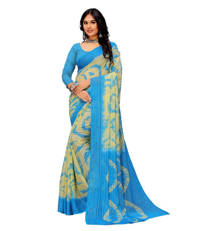 Women's Georgette Striped Printed Saree With Unstitched Blouse 5.5 Mtr (Blue-Pale Yellow)