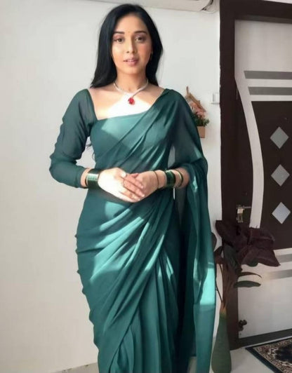 Women's Georgette Solid Saree With Unstitched Blouse 5.5 Mtr (Dark Green)