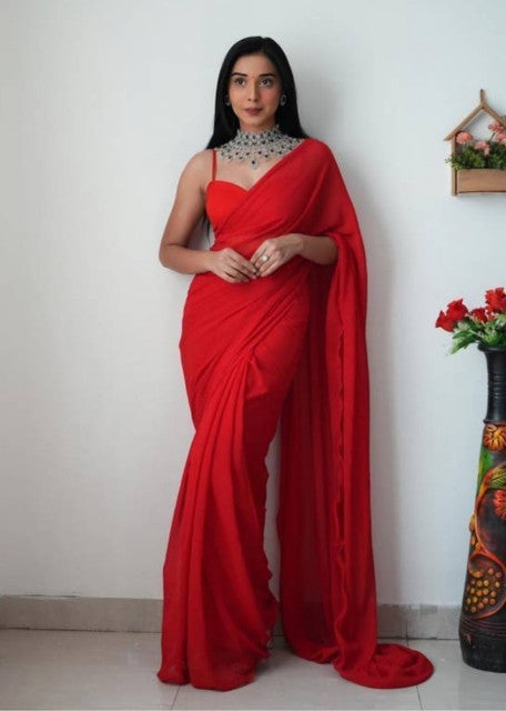 Women's Georgette Solid Saree With Unstitched Blouse 5.5 Mtr (Red)