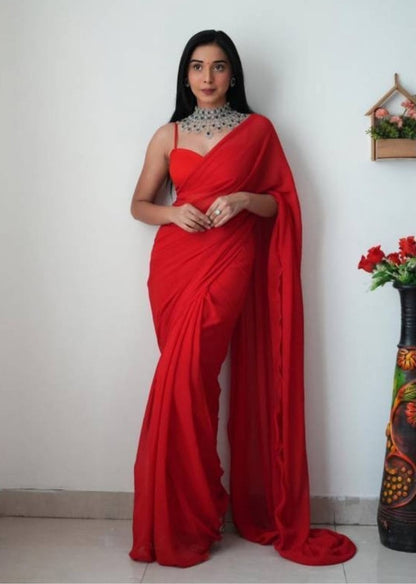 Women's Georgette Solid Saree With Unstitched Blouse 5.5 Mtr (Red)