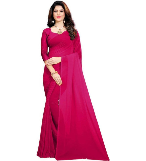 Women's Georgette Solid Saree With Unstitched Blouse 5.5 Mtr (Pink)