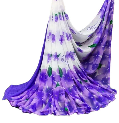 Women's Georgette Floral Printed Saree With Unstitched Blouse 5.5 Mtr (White-Purple)