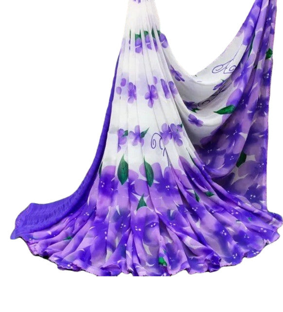 Women's Georgette Floral Printed Saree With Unstitched Blouse 5.5 Mtr (White-Purple)