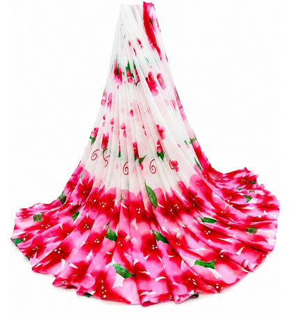Women's Georgette Floral Printed Saree With Unstitched Blouse 5.5 Mtr (White-Pink)