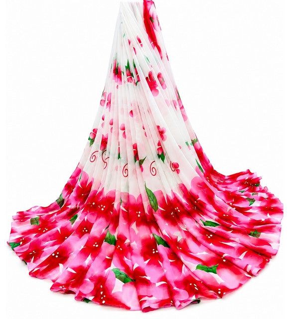 Women's Georgette Floral Printed Saree With Unstitched Blouse 5.5 Mtr (White-Pink)