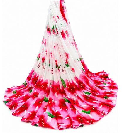 Women's Georgette Floral Printed Saree With Unstitched Blouse 5.5 Mtr (White-Pink)