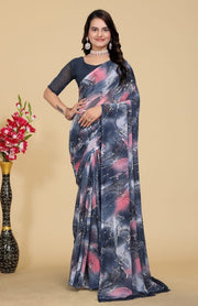 Women's Georgette Printed Saree With Unstitched Blouse 5.5 Mtr (Grey-Pink)
