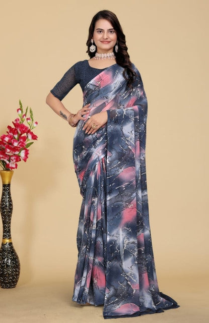 Women's Georgette Printed Saree With Unstitched Blouse 5.5 Mtr (Grey-Pink)