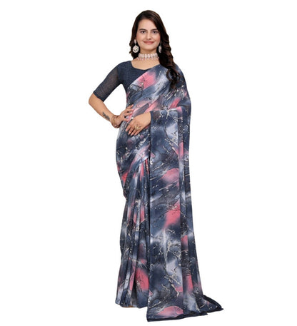 Women's Georgette Printed Saree With Unstitched Blouse 5.5 Mtr (Grey-Pink)