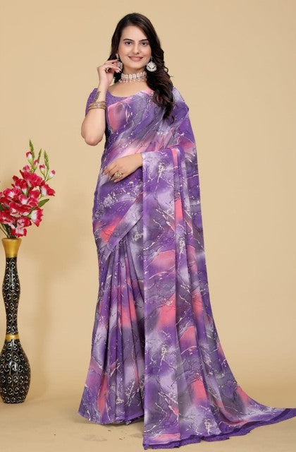 Women's Georgette Printed Saree With Unstitched Blouse 5.5 Mtr (Purple-Pink)
