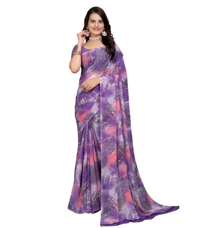 Women's Georgette Printed Saree With Unstitched Blouse 5.5 Mtr (Purple-Pink)