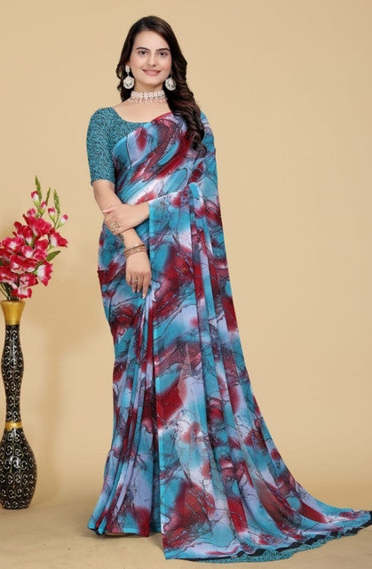 Women's Georgette Printed Saree With Unstitched Blouse 5.5 Mtr (Blue-Maroon)