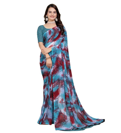Women's Georgette Printed Saree With Unstitched Blouse 5.5 Mtr (Blue-Maroon)