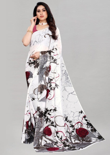 Women's Georgette Printed Saree With Unstitched Blouse 5.5 Mtr (White)