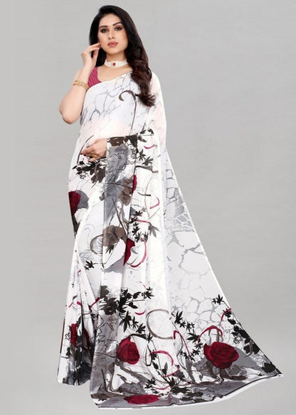 Women's Georgette Printed Saree With Unstitched Blouse 5.5 Mtr (White)