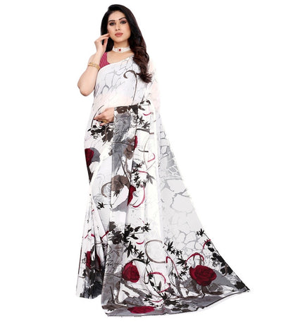 Women's Georgette Printed Saree With Unstitched Blouse 5.5 Mtr (White)