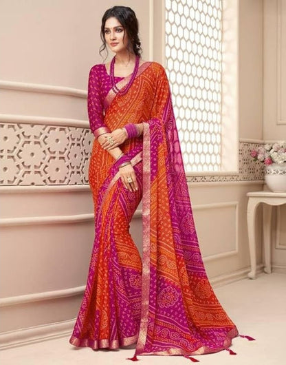 Women's Georgette Bandhani Printed Saree With Unstitched Blouse 5.5 Mtr (Orange-Magenta)
