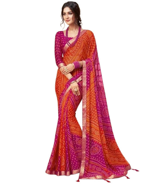 Women's Georgette Bandhani Printed Saree With Unstitched Blouse 5.5 Mtr (Orange-Magenta)