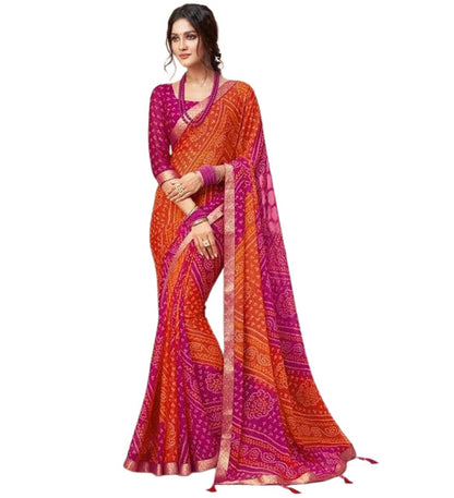 Women's Georgette Bandhani Printed Saree With Unstitched Blouse 5.5 Mtr (Orange-Magenta)