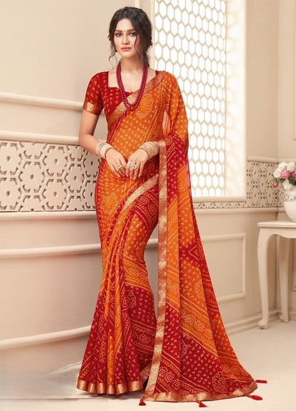 Women's Georgette Bandhani Printed Saree With Unstitched Blouse 5.5 Mtr (Orange-Red)