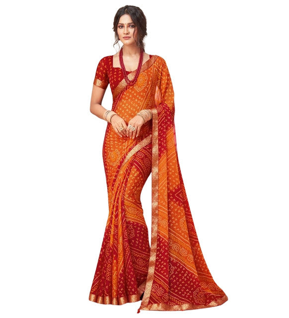 Women's Georgette Bandhani Printed Saree With Unstitched Blouse 5.5 Mtr (Orange-Red)