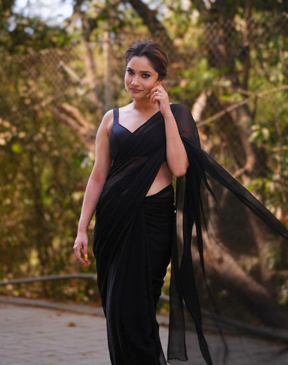 Women's Georgette Solid Saree With Unstitched Blouse 5.5 Mtr (Black)