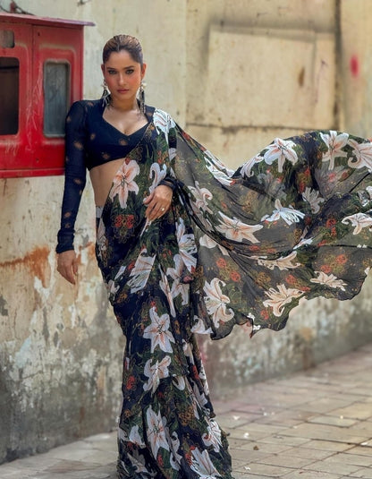 Women's Georgette Floral Printed Saree With Unstitched Blouse 5.5 Mtr (Black)