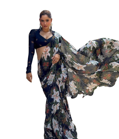 Women's Georgette Floral Printed Saree With Unstitched Blouse 5.5 Mtr (Black)