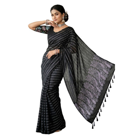 Women's Georgette Striped Saree With Unstitched Blouse 5.5 Mtr (Black)