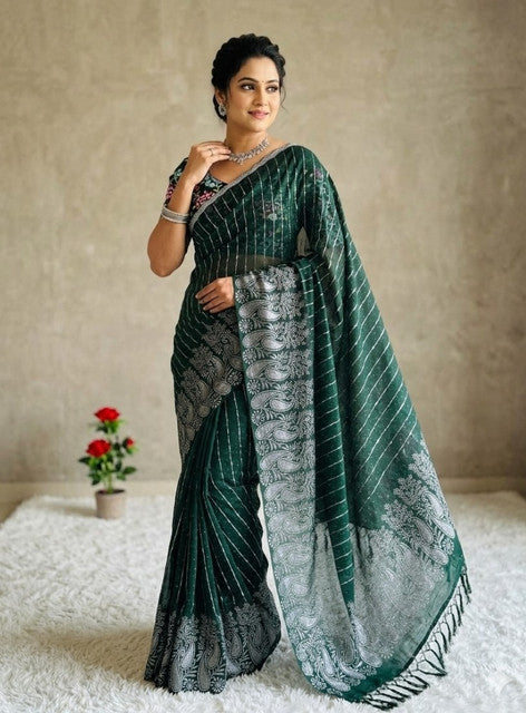 Women's Georgette Striped Saree With Unstitched Blouse 5.5 Mtr (Dark Green)