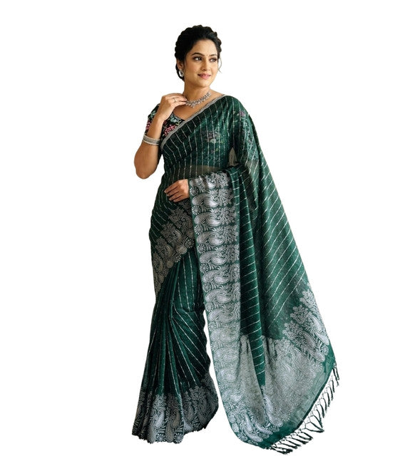 Women's Georgette Striped Saree With Unstitched Blouse 5.5 Mtr (Dark Green)