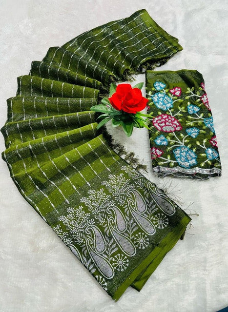Women's Georgette Striped Saree With Unstitched Blouse 5.5 Mtr (Olive Green)