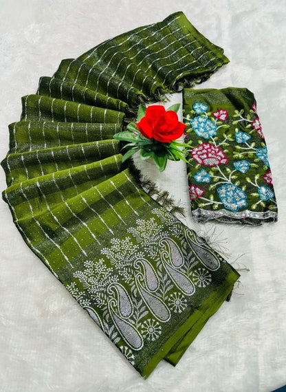 Women's Georgette Striped Saree With Unstitched Blouse 5.5 Mtr (Olive Green)