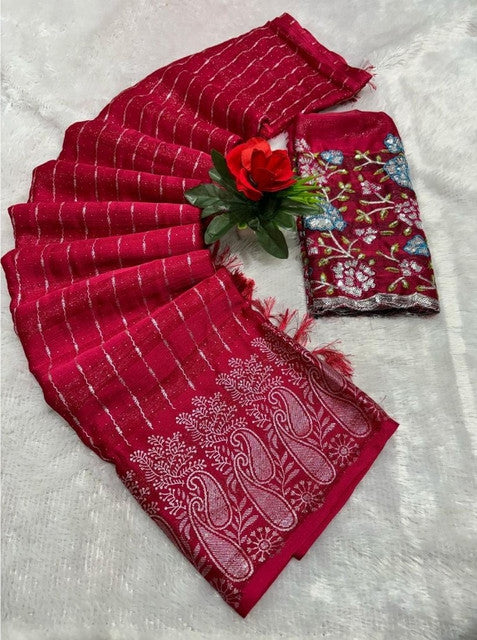 Women's Georgette Striped Saree With Unstitched Blouse 5.5 Mtr (Red)