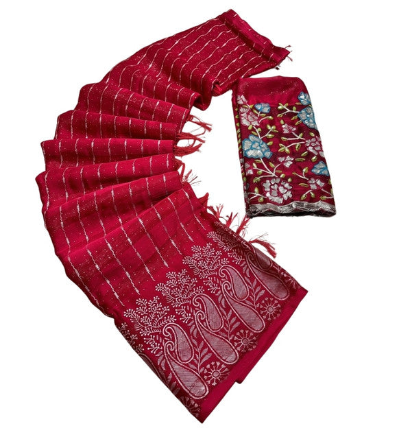 Women's Georgette Striped Saree With Unstitched Blouse 5.5 Mtr (Red)