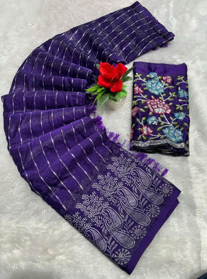 Women's Georgette Striped Saree With Unstitched Blouse 5.5 Mtr (Purple)