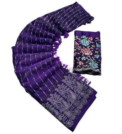 Women's Georgette Striped Saree With Unstitched Blouse 5.5 Mtr (Purple)