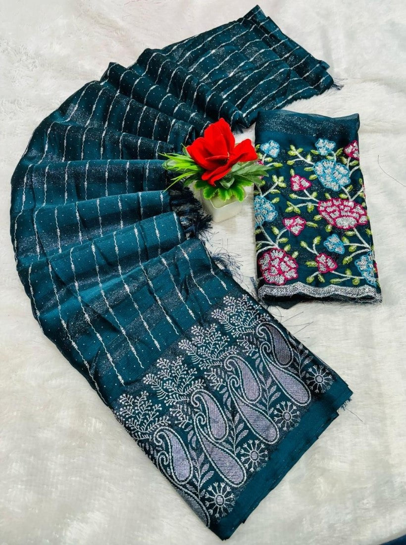 Women's Georgette Striped Saree With Unstitched Blouse 5.5 Mtr (Teal)