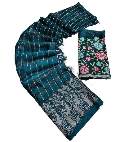 Women's Georgette Striped Saree With Unstitched Blouse 5.5 Mtr (Teal)