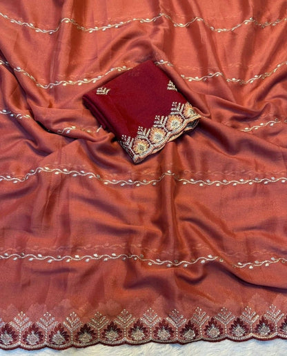 Women's Georgette Embroidered Saree With Unstitched Blouse 5.5 Mtr (Rust Orange)
