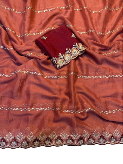 Women's Georgette Embroidered Saree With Unstitched Blouse 5.5 Mtr (Rust Orange)