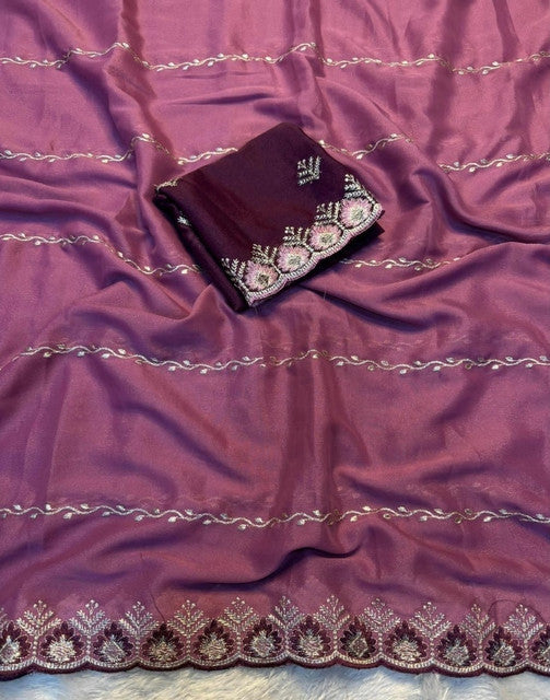 Women's Georgette Embroidered Saree With Unstitched Blouse 5.5 Mtr (Pink)
