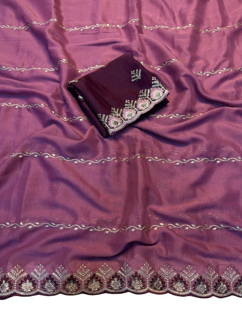 Women's Georgette Embroidered Saree With Unstitched Blouse 5.5 Mtr (Pink)
