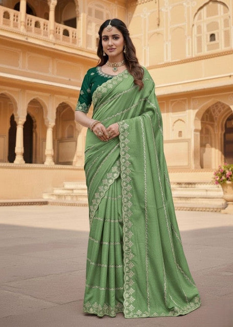 Women's Georgette Embroidered Saree With Unstitched Blouse 5.5 Mtr (Pista Green)