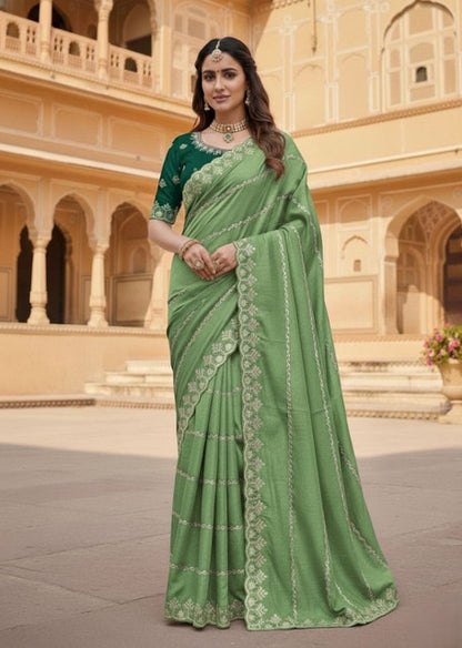 Women's Georgette Embroidered Saree With Unstitched Blouse 5.5 Mtr (Pista Green)